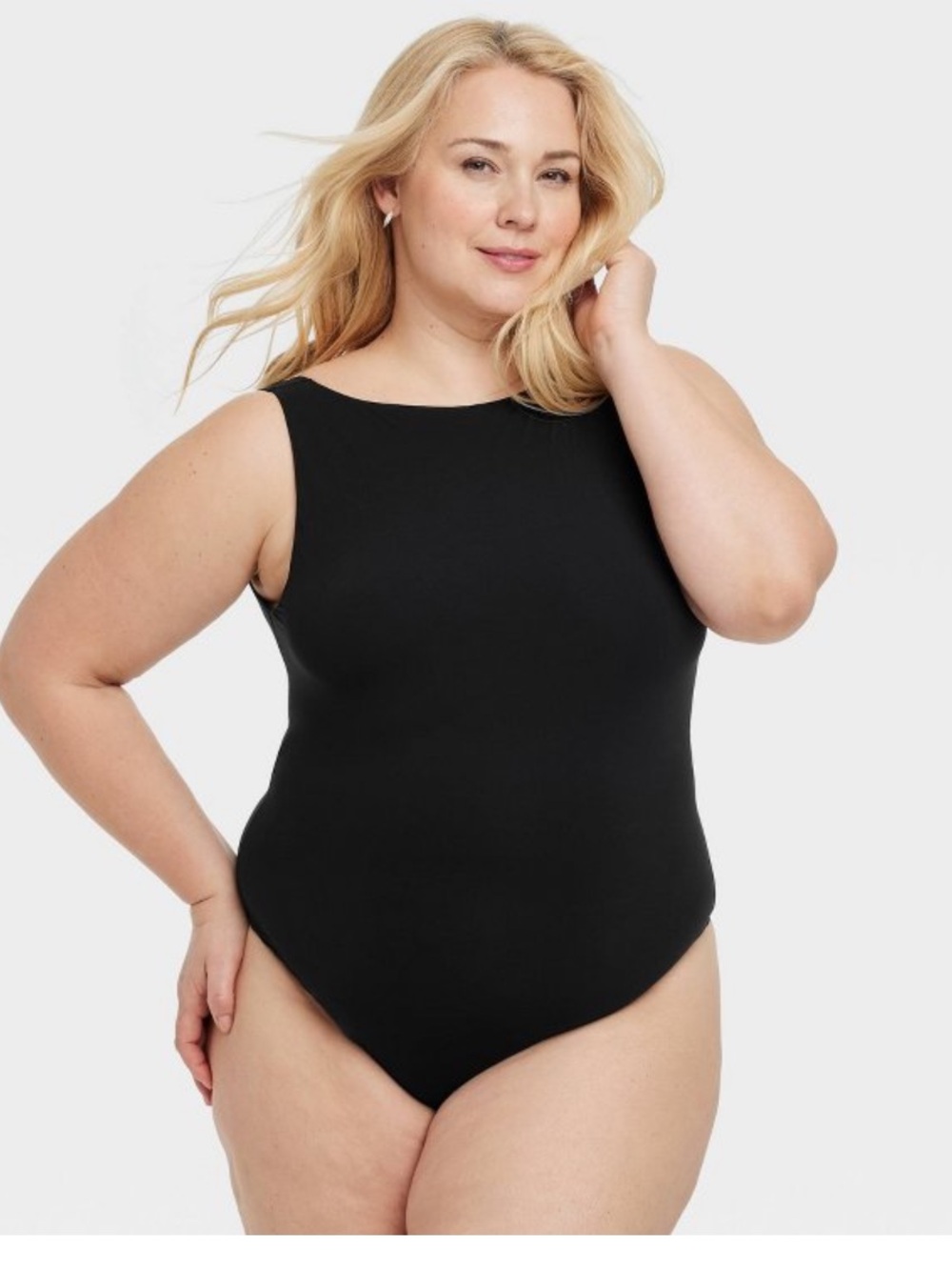 Auden Luxe Stretch Boatneck Thong Bodysuit Black Size Large NWT